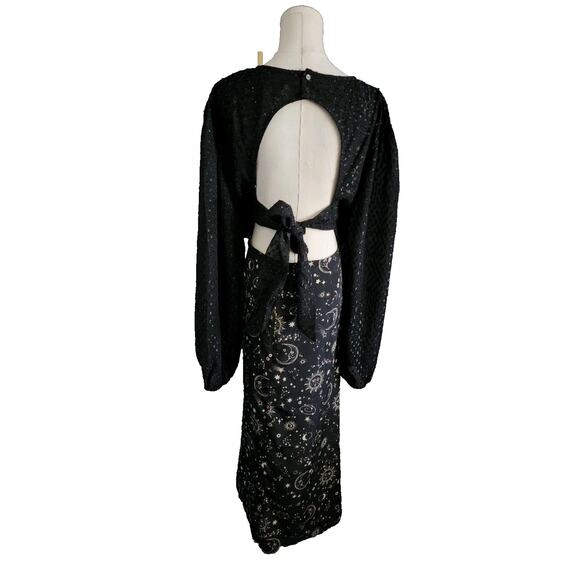 Neon Rose Moon Print Constellation Sheer Bell Sleeve Midi Dress Black Sz 28 - Picture 4 of 8